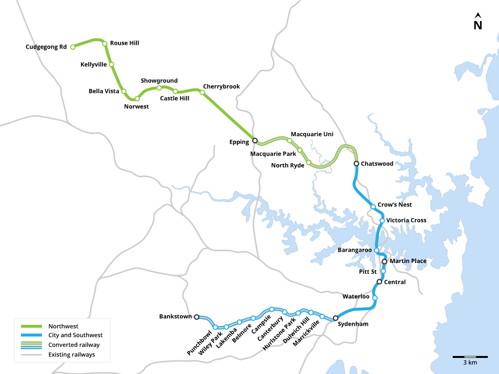 A map showing the route of the Sydney Metro from Cudgegong Rd (now Tallawong) Station in the Northwest to Bankstown in the Southwest via Sydney CBD.
