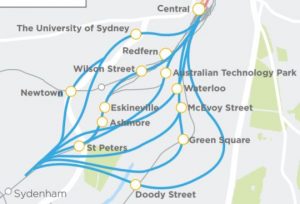 A map showing station options considered in the Sydney Metro planning process between Sydenham and Central.