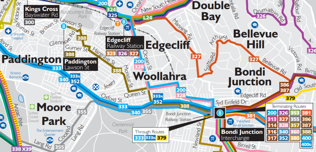 Screenshot of the Eastern suburbs region bus network map showing the 388
