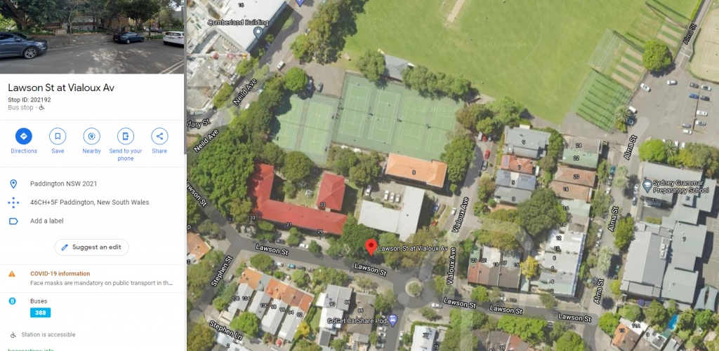 A google maps screenshot of the area around Lawson St and Vialoux Ave, Paddington