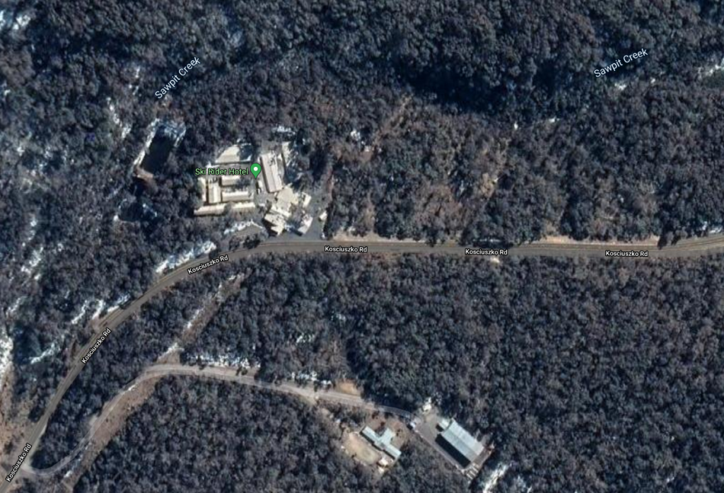 An aerial image showing the Ski Rider Hotel